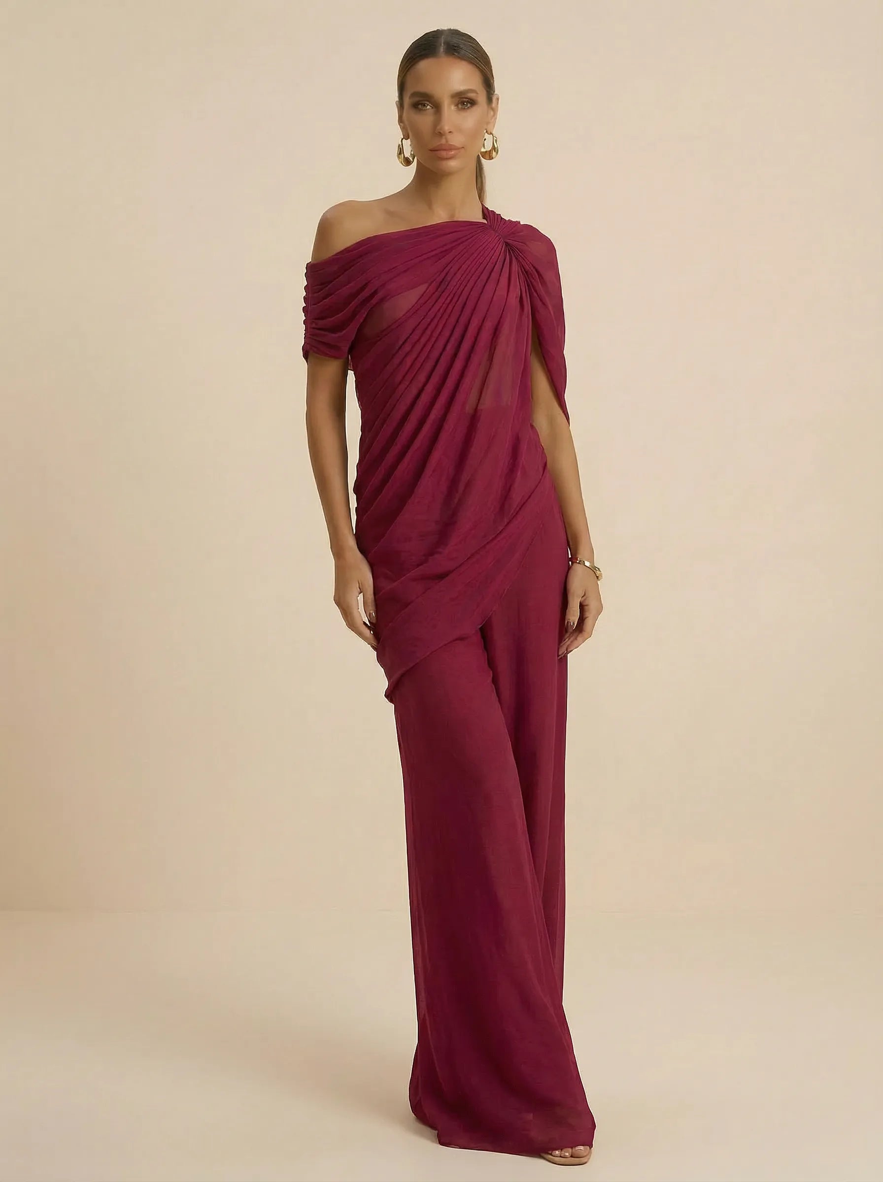 Wine Red One Shoulder Jumpsuit Evening Dress with Pleated