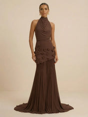 Brown Cowl Halter Neck Evening Gown with 3D Floral