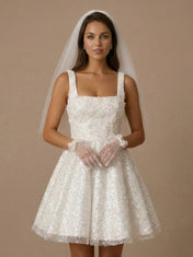 Square Neck Sparkly White Sequin Mini Bridal Dress with 3D Appliques
