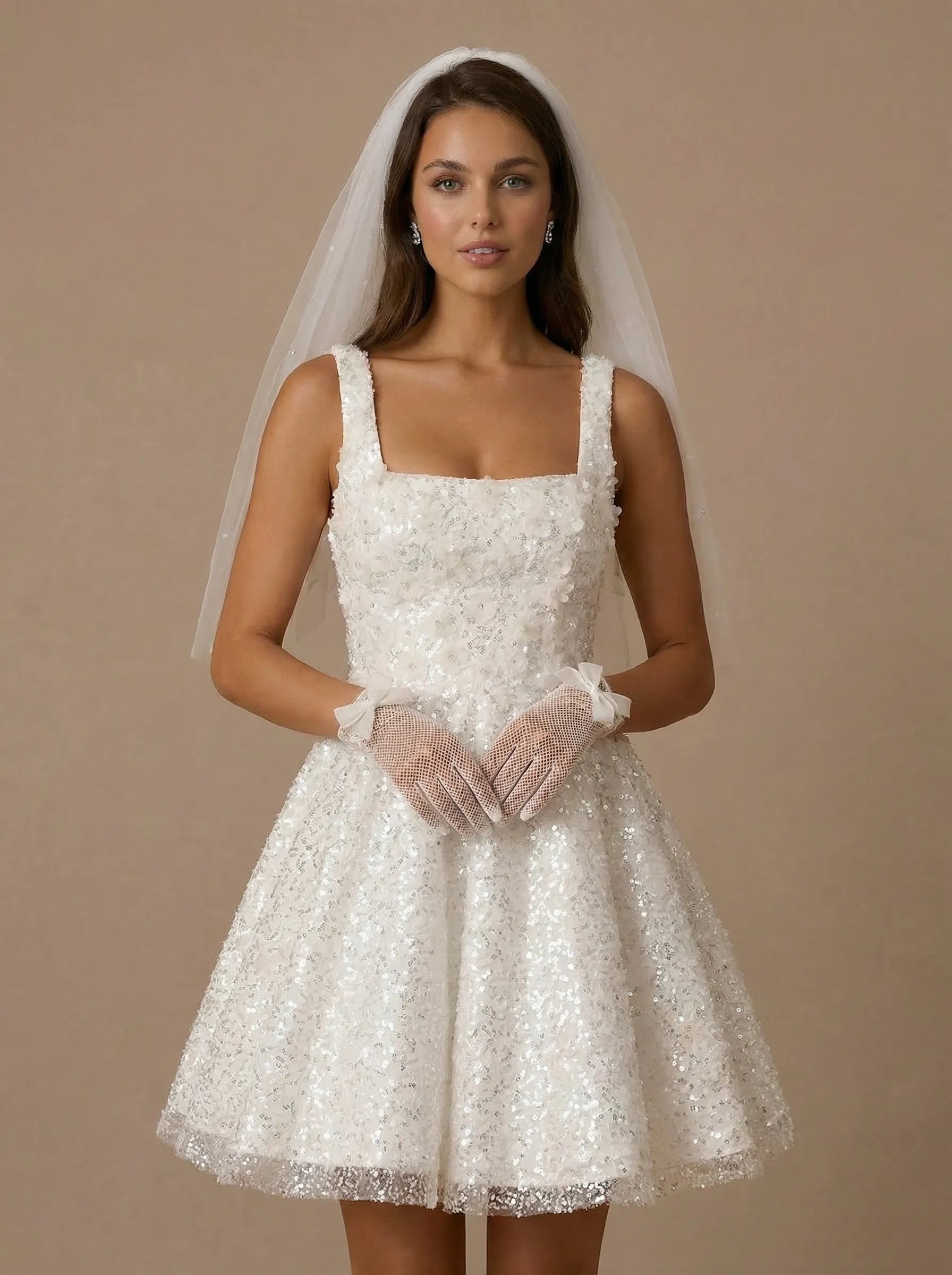 Square Neck Sparkly White Sequin Mini Bridal Dress with 3D Appliques