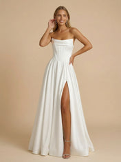 White Strapless Satin Corset Pleated A-Line Wedding Dress with Slit