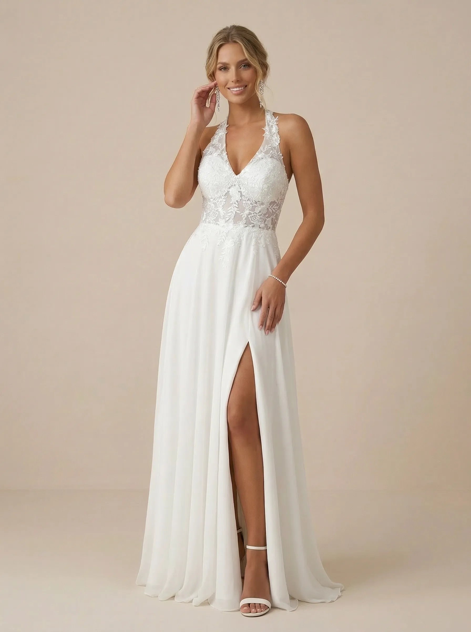 White Halter Neck Lace Wedding Dress with High Slit