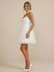 White Strapless Tulle Scarf Mini Wedding Dress with Corset