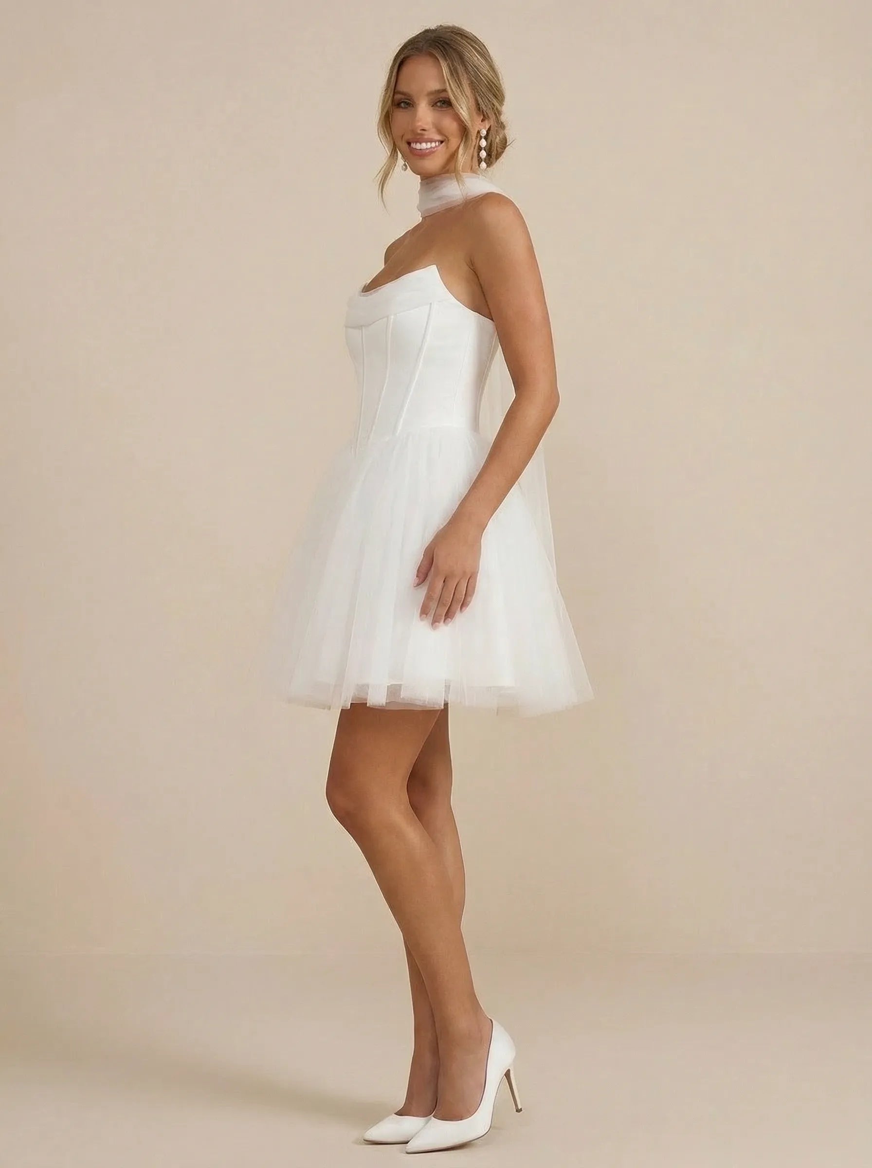 White Strapless Tulle Scarf Mini Wedding Dress with Corset