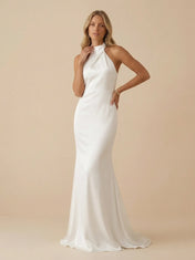 White Halter Neck Satin High Neck Mermaid Wedding Dress