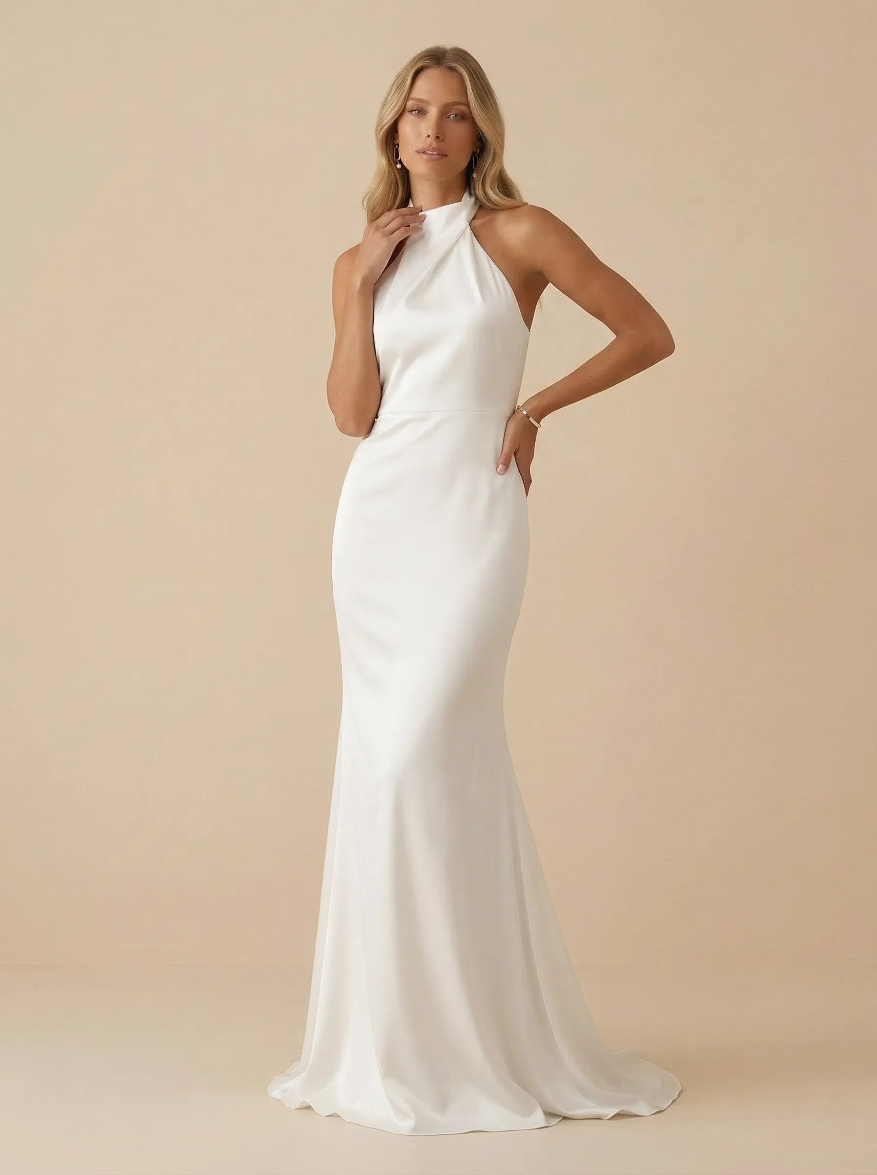White Halter Neck Satin High Neck Mermaid Wedding Dress