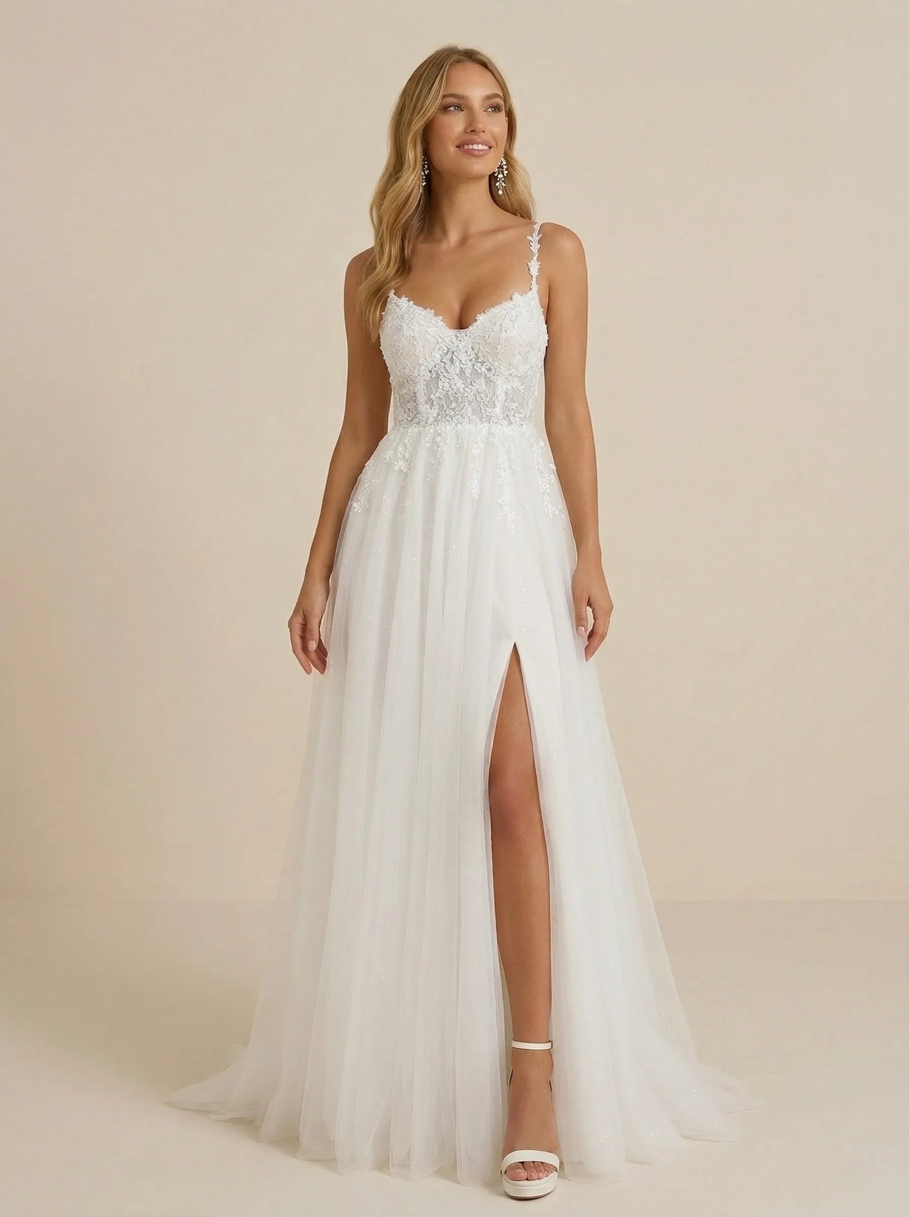 White Spaghetti Strap Lace Tulle A-Line Bridal Gown with Slit