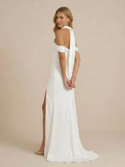 White Off the Shoulder Satin Wedding Dress with High Slit