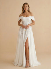 Off the Shoulder Floral Embroidered Corset Wedding Dress with High Slit