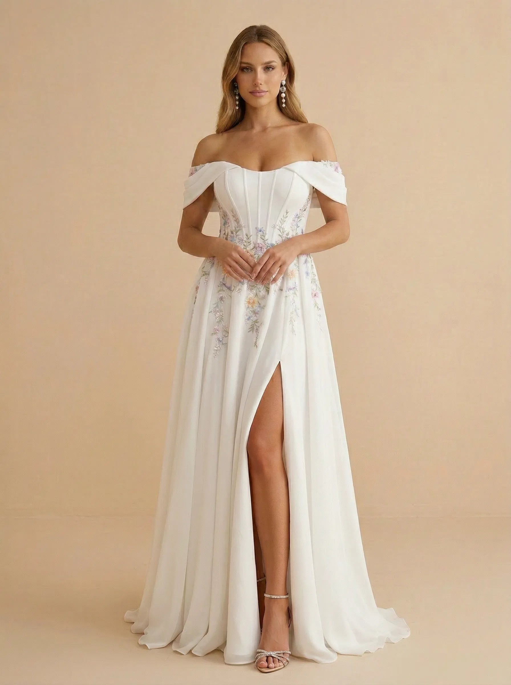 Off the Shoulder Floral Embroidered Corset Wedding Dress with High Slit