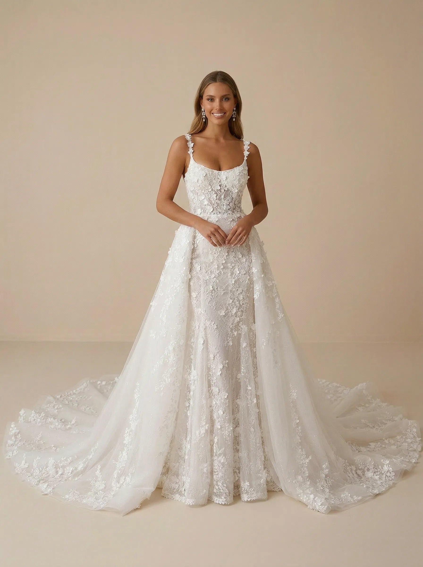 3D Floral Spaghetti Strap Lace Mermaid Wedding Dress with Detachable Train