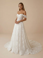 Off the Shoulder Lace Corset Wedding Dress with Train