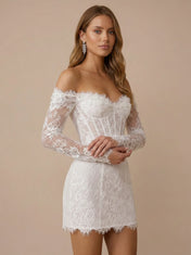 Off the Shoulder Lace Corset Bodice Mini Wedding Dress with Long Sleeves