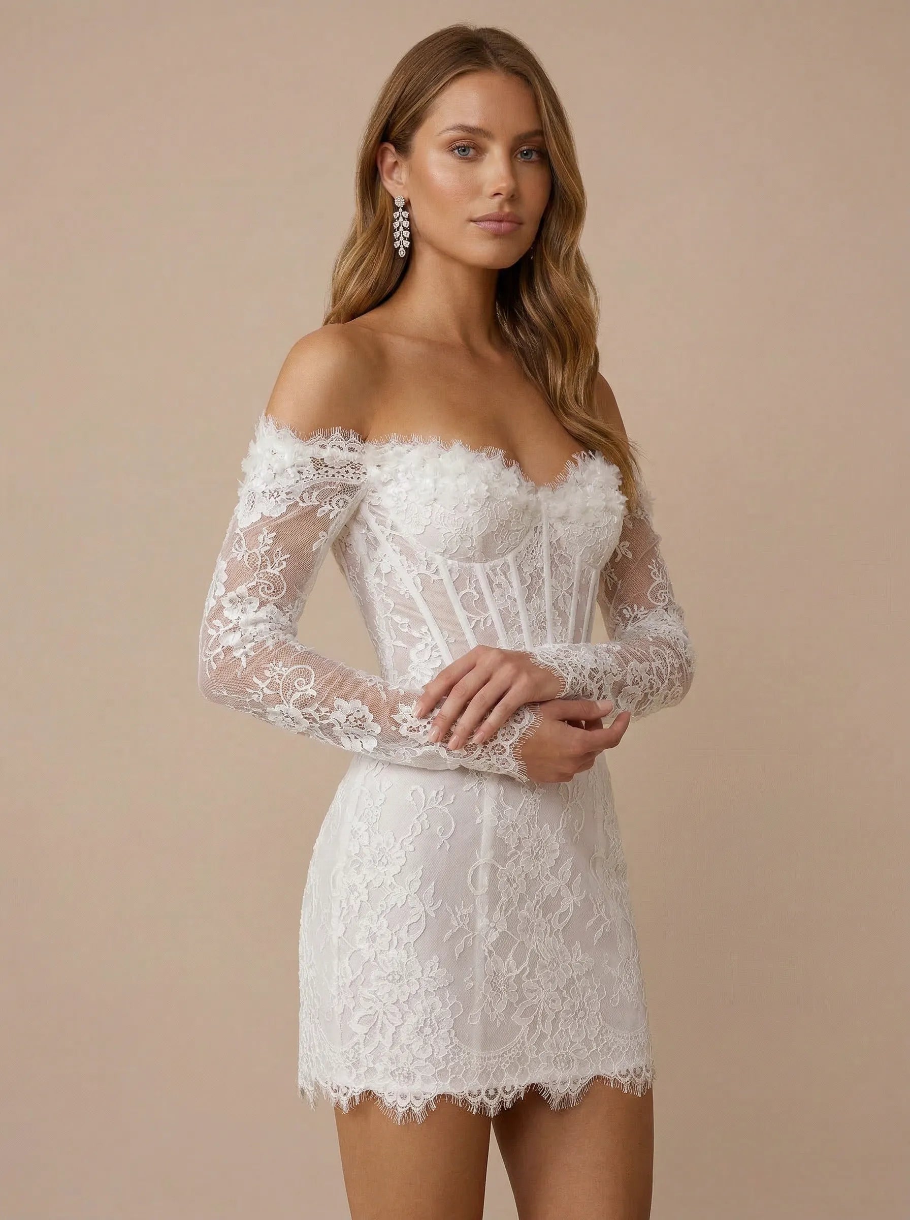 Off the Shoulder Lace Corset Bodice Mini Wedding Dress with Long Sleeves