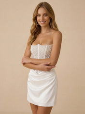 White Strapless Sequin Beaded Satin Mini Wedding Dress with Corset