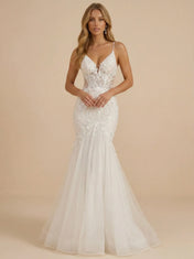 V-Neck Spaghetti Straps Lace Applique Mermaid Wedding Dress