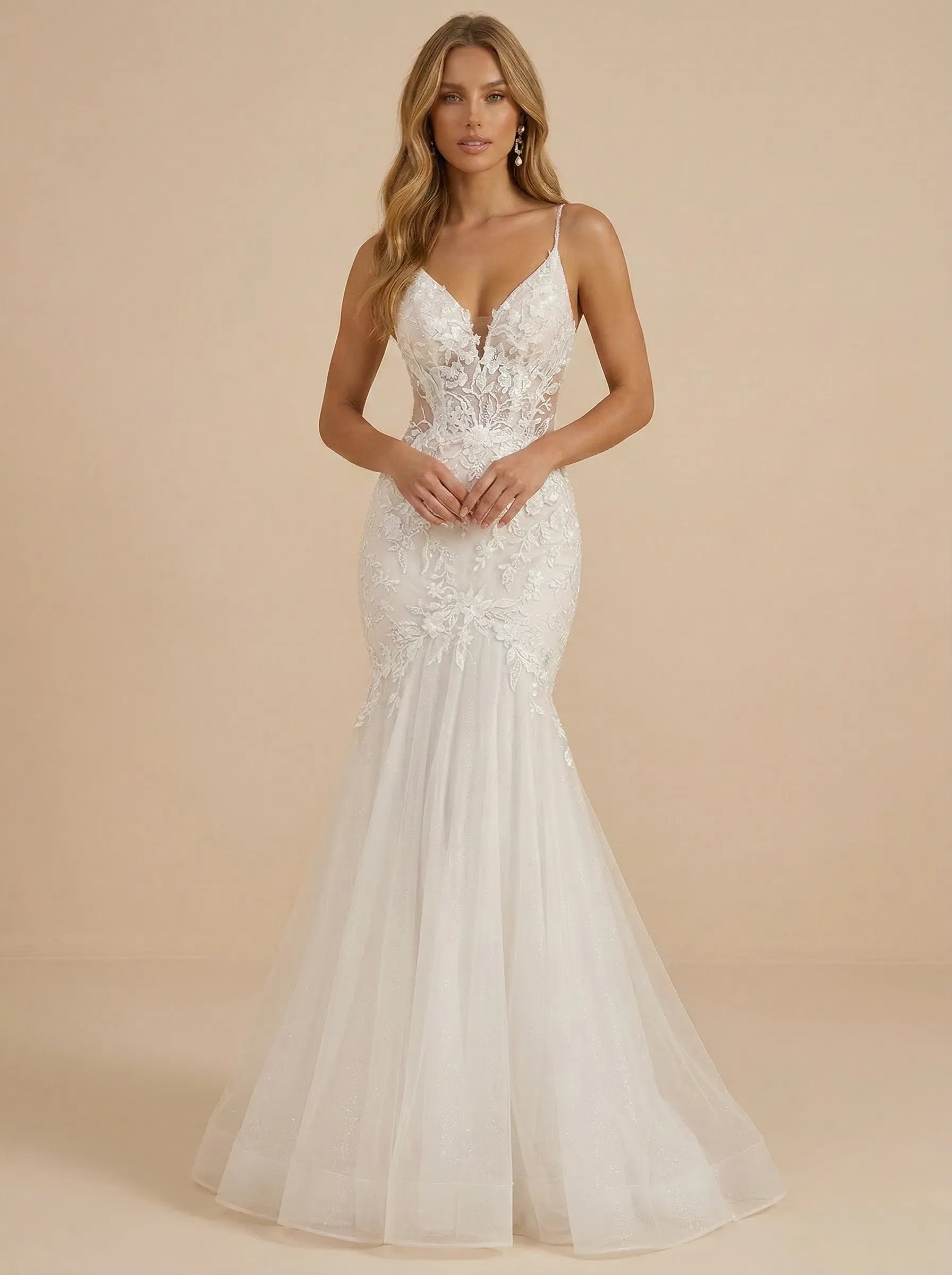 V-Neck Spaghetti Straps Lace Applique Mermaid Wedding Dress
