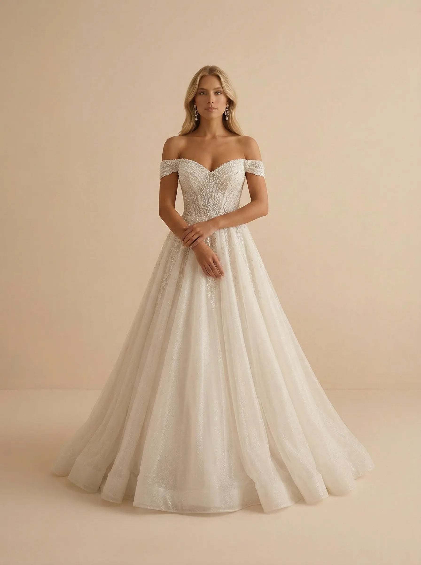 Ivory Off the Shoulder Sweetheart Tulle Wedding Dress with Sequins