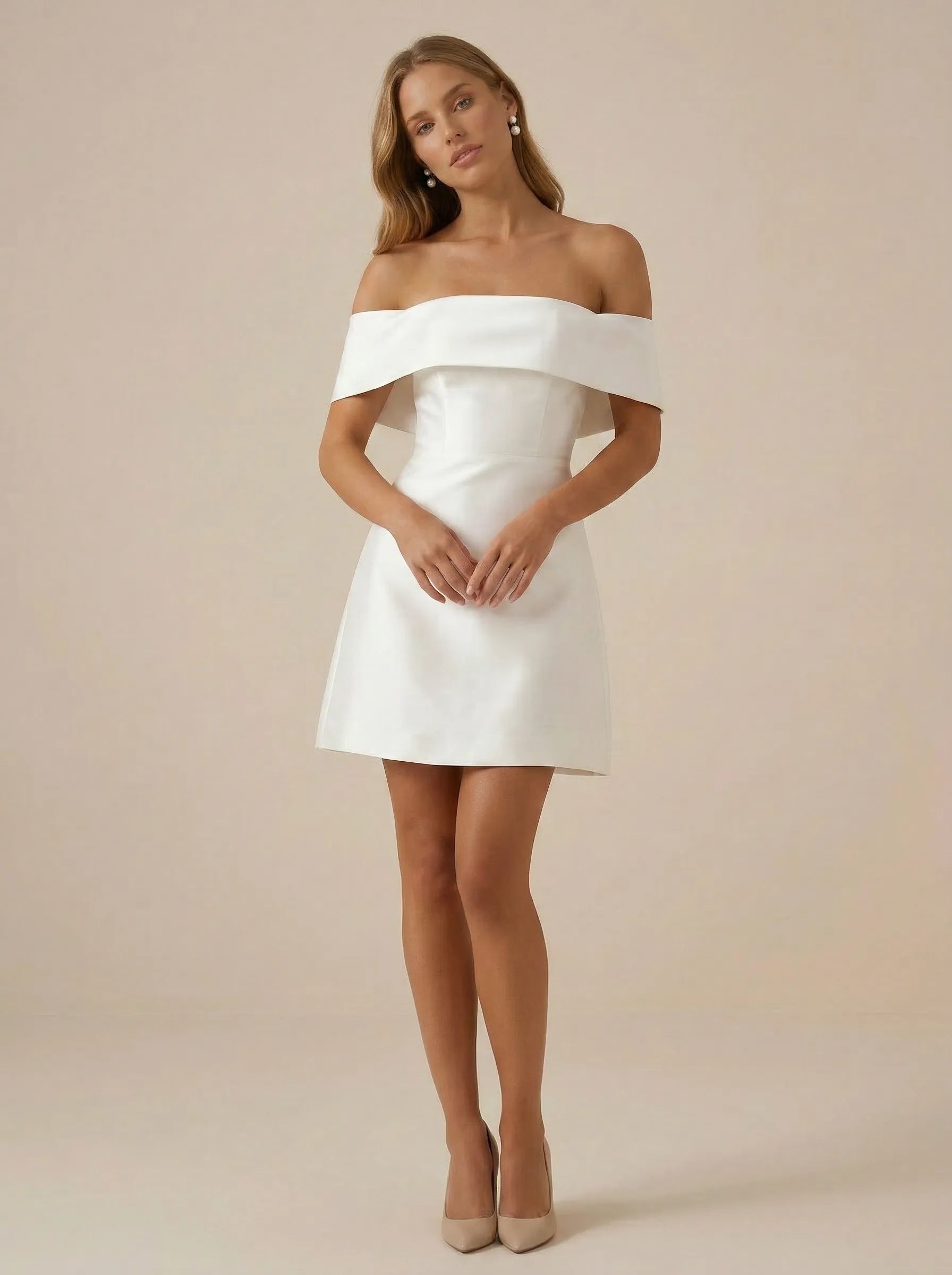 White Off the Shoulder Satin A-Line Mini Wedding Dress