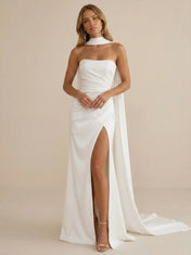 Strapless Ruched High Slit Satin Wedding Dress with Scarf