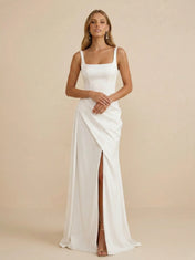 White Square Neck Sleeveless Satin Wedding Dress with High Slit