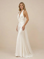 Deep V-Neck Halter Satin Mermaid Wedding Dress with Tulle Train