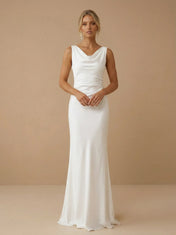 White Cowl Neck Sleeveless Backless Satin Bridal Gown with Ruched