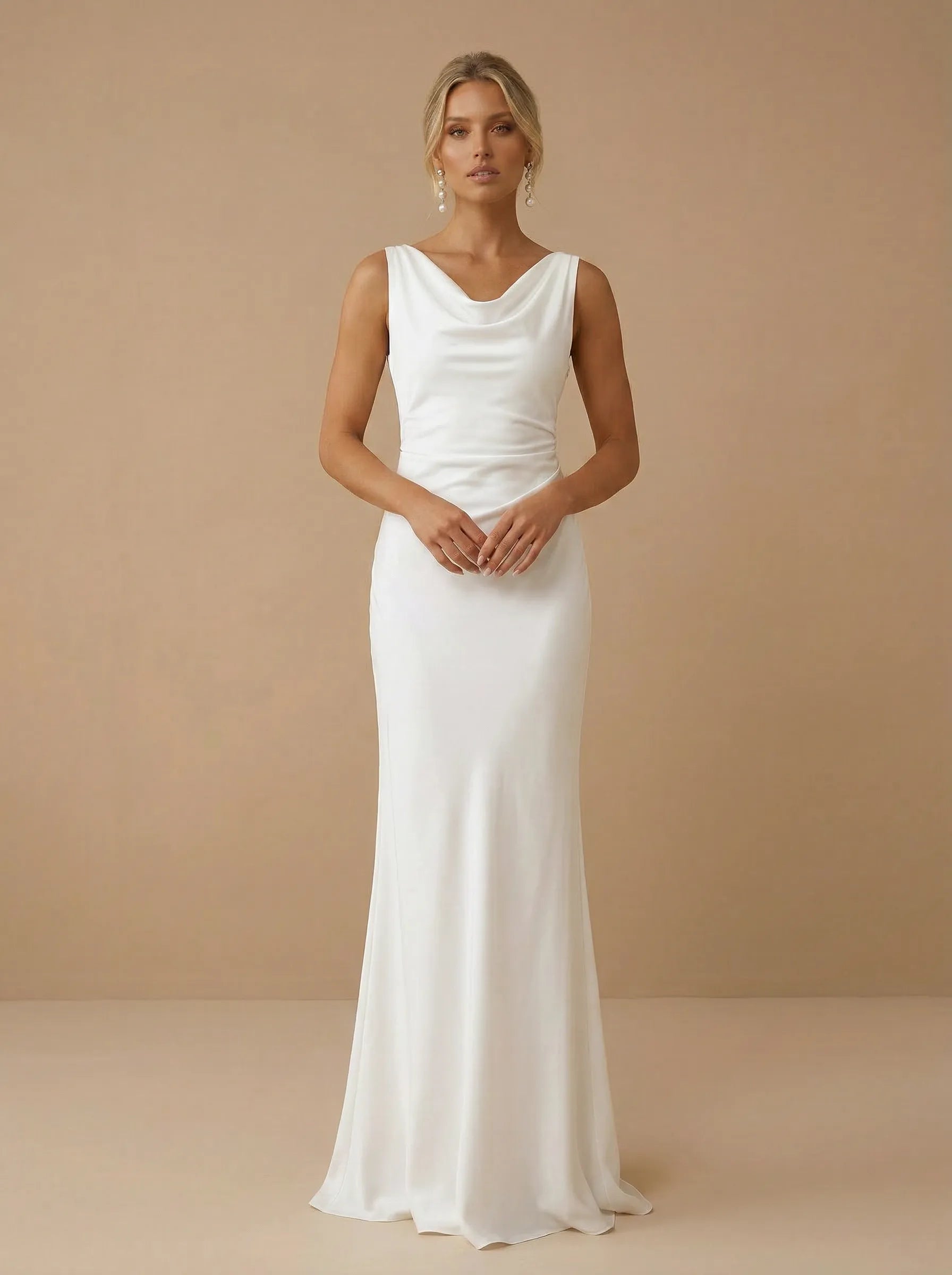 White Cowl Neck Sleeveless Backless Satin Bridal Gown with Ruched