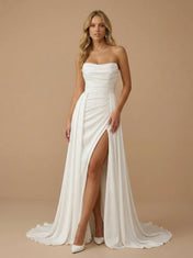 Strapless Ruched Chiffon Floor-Length Wedding Gown with High Slit