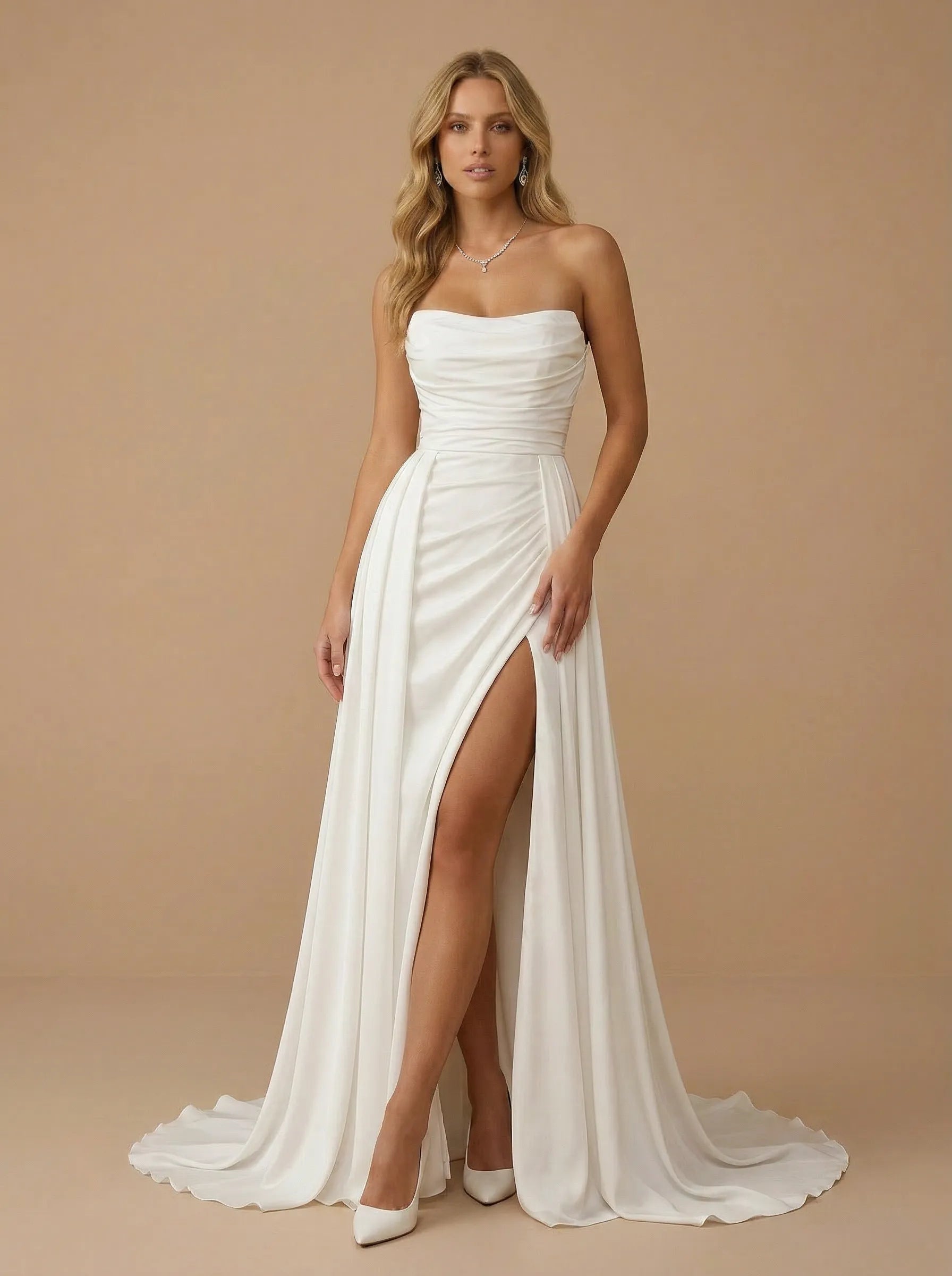 Strapless Ruched Chiffon Floor-Length Wedding Gown with High Slit