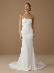White Strapless Satin Mermaid Wedding Dress with Bow