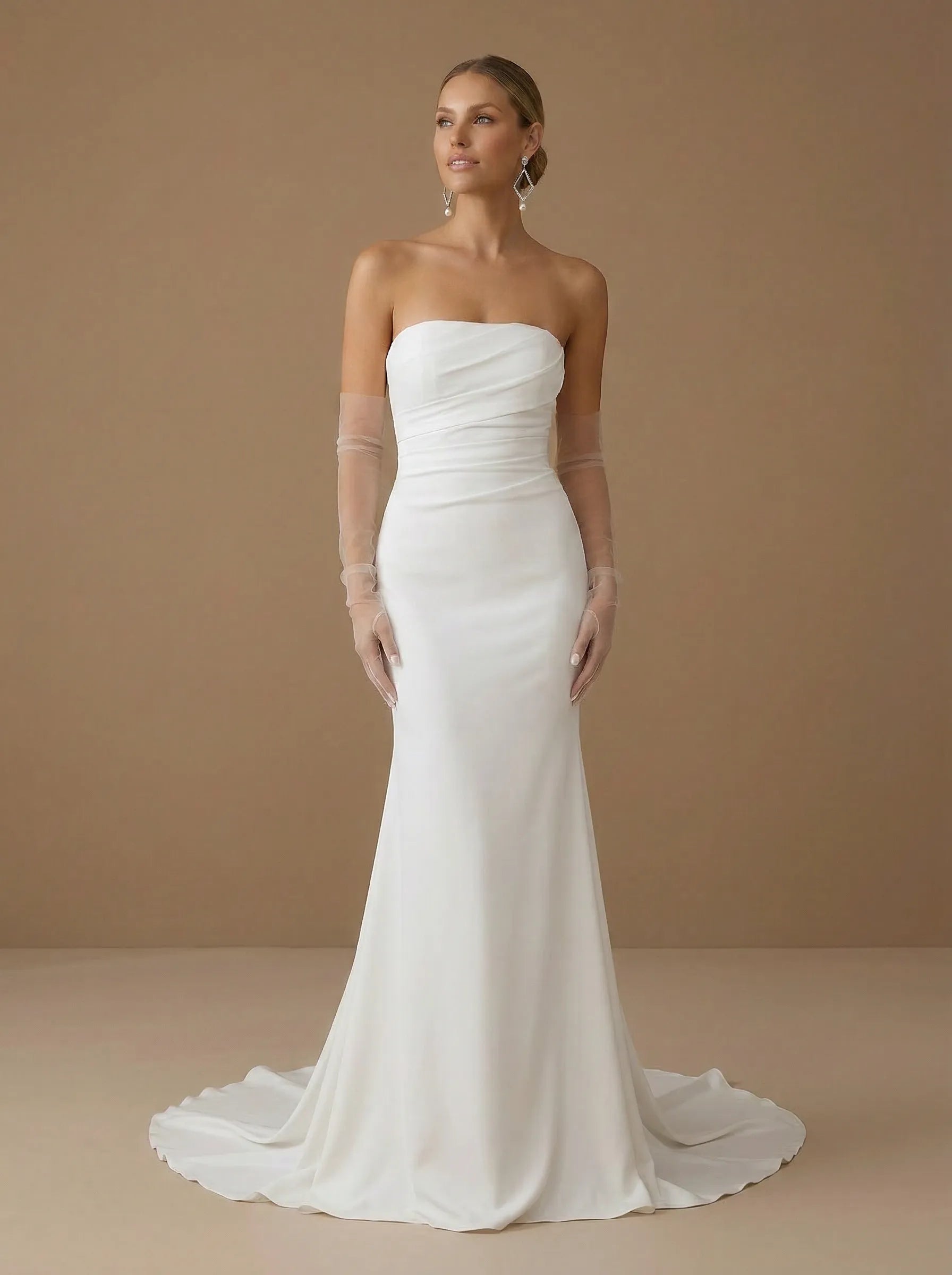 White Strapless Satin Mermaid Wedding Dress with Bow