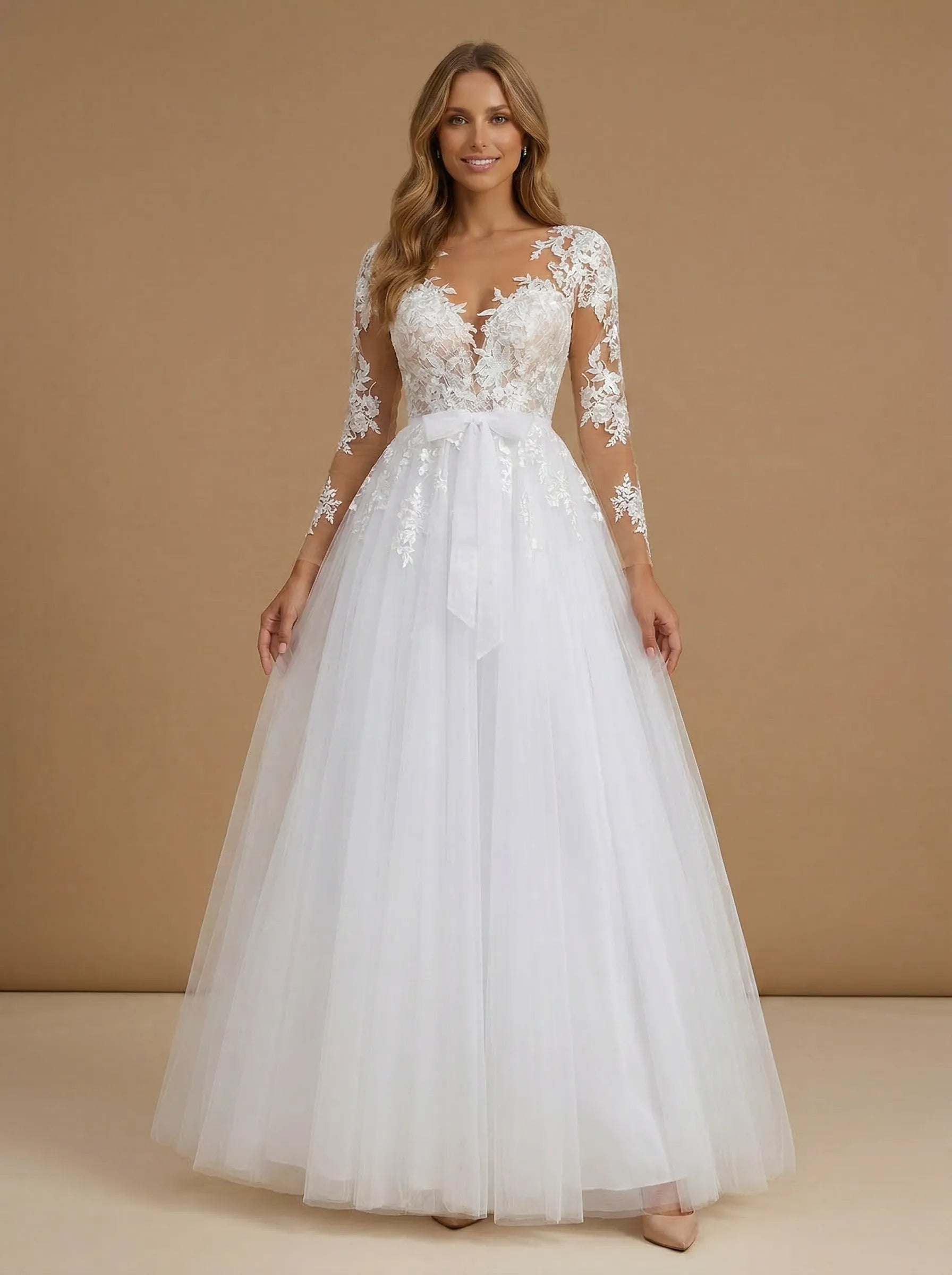 White Long Sleeve Floral Lace V Neck A-Line Tulle Bridal Gown