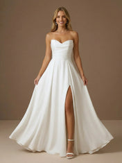 Strapless Ruched A-Line Pleat Satin Wedding Dress with High Slit