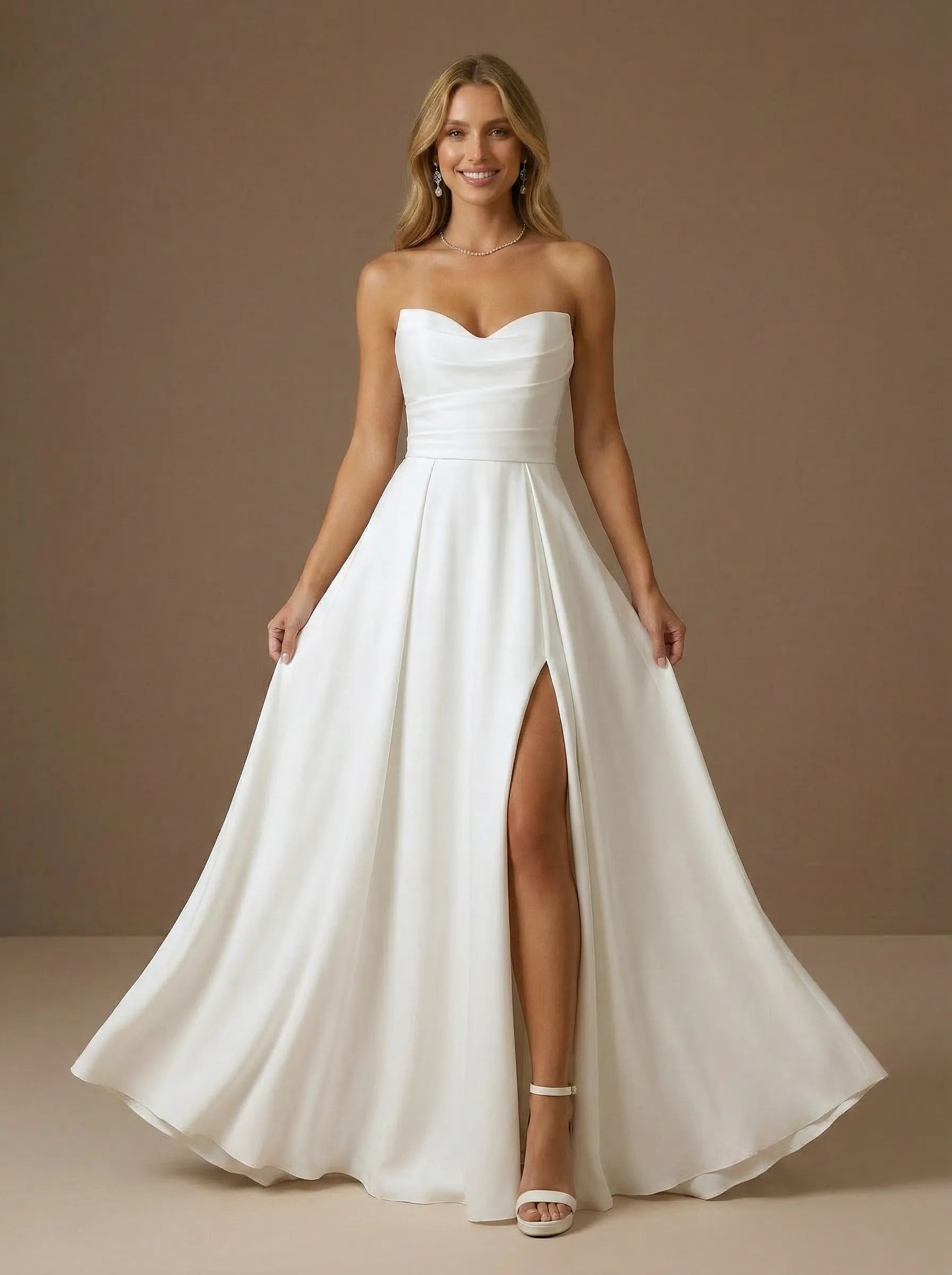 Strapless Ruched A-Line Pleat Satin Wedding Dress with High Slit