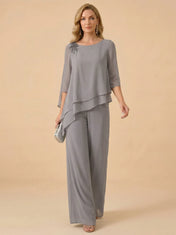 Asymmetric Draped Chiffon Wide-Leg Mother of the Bride Pant Set