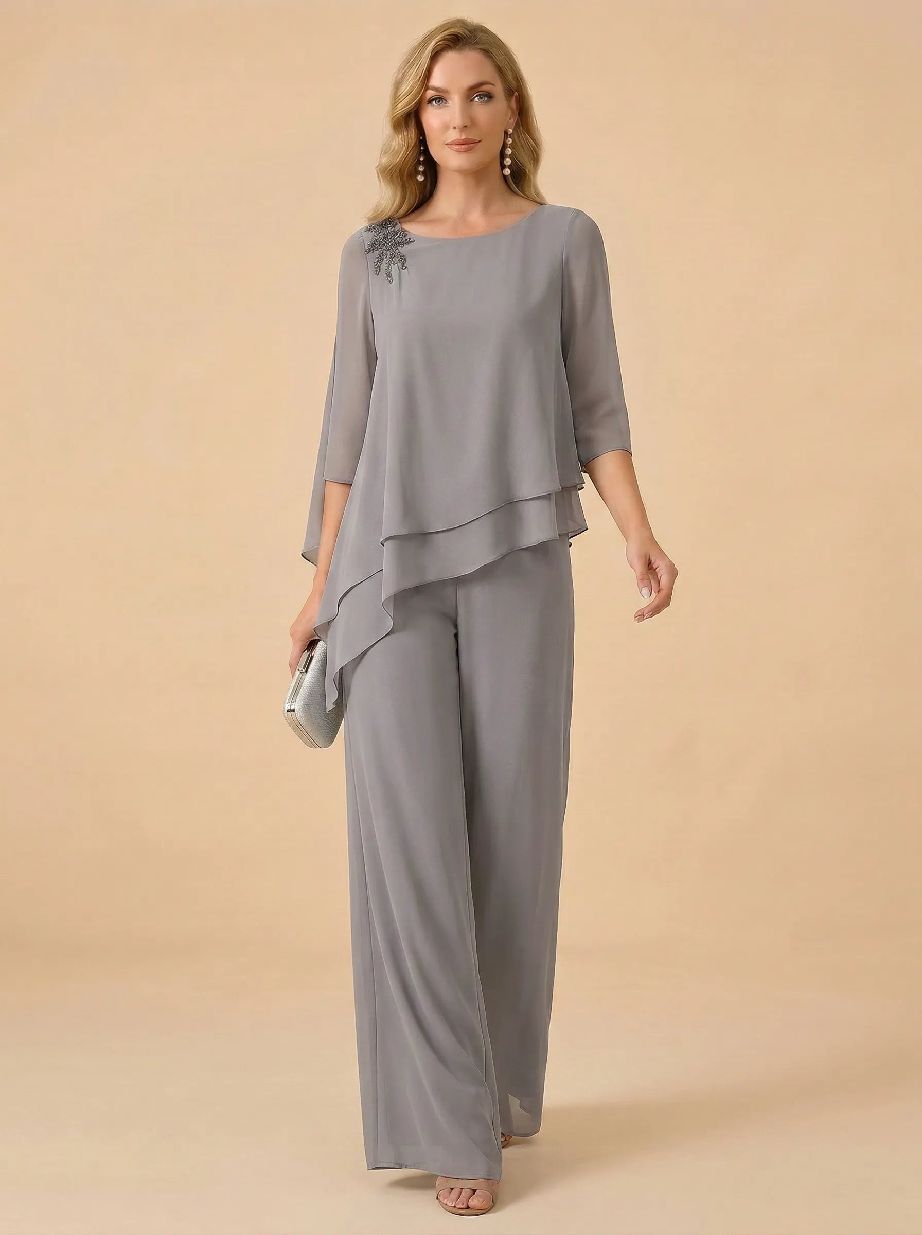 Asymmetric Draped Chiffon Wide-Leg Mother of the Bride Pant Set