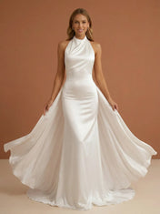 White High Halter Neck Satin Mermaid Wedding Dress