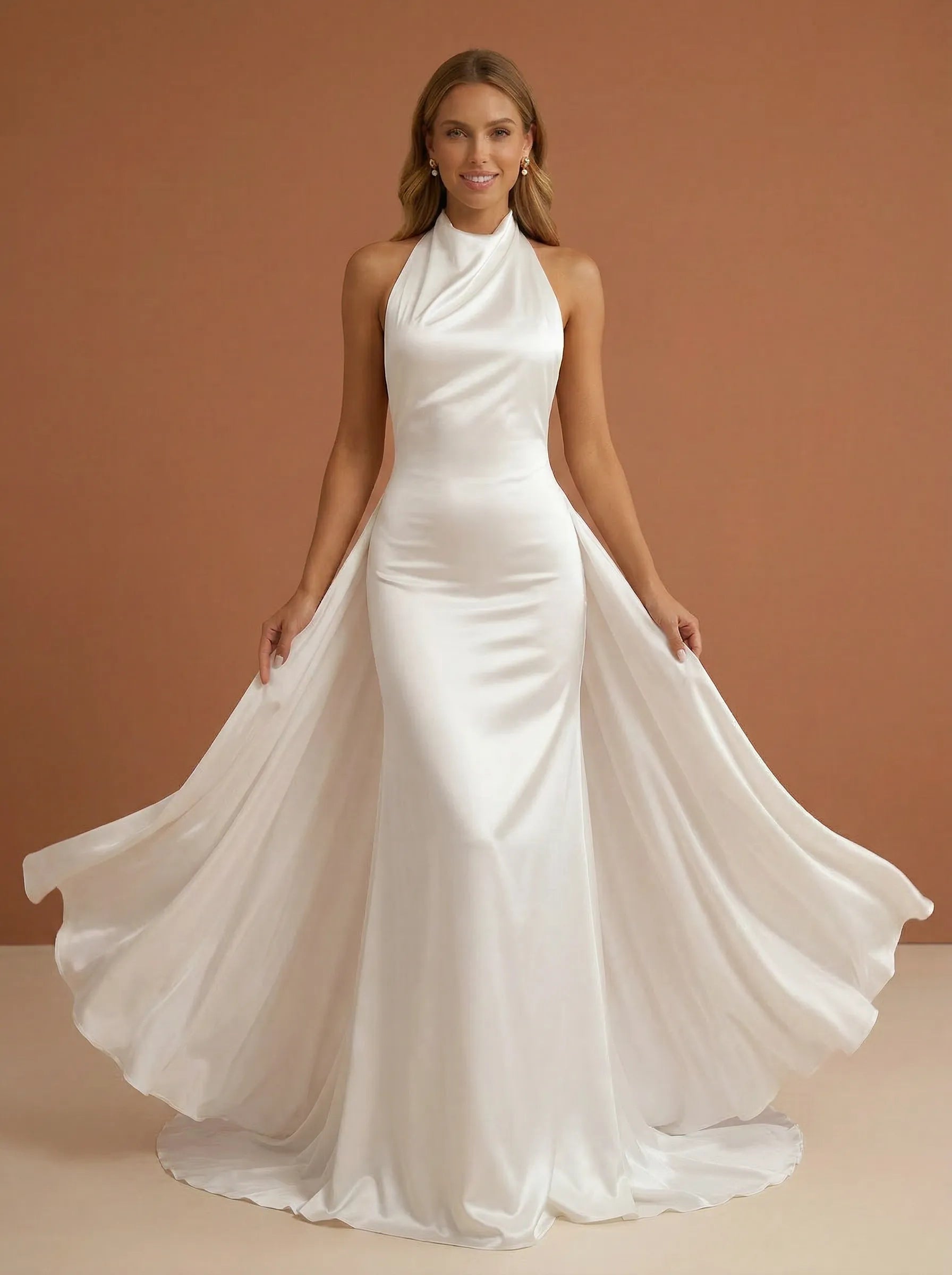 White High Halter Neck Satin Mermaid Wedding Dress