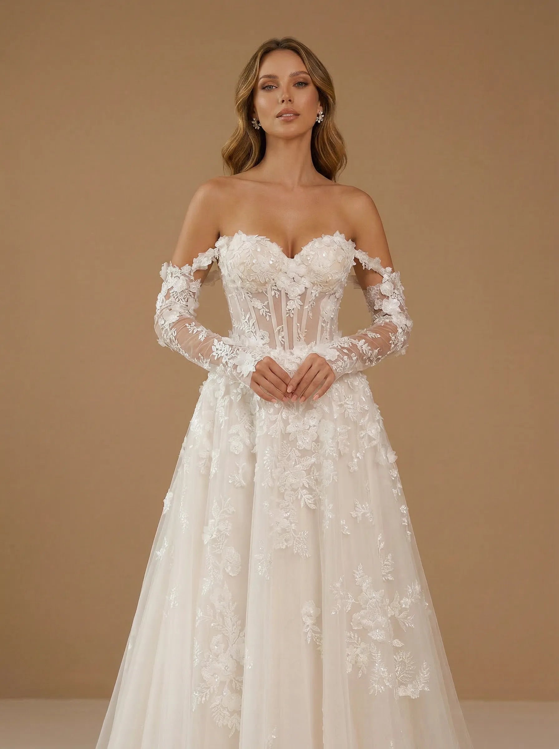 Off the Shoulder Floral Lace Corset Long Sleeves Wedding Dress