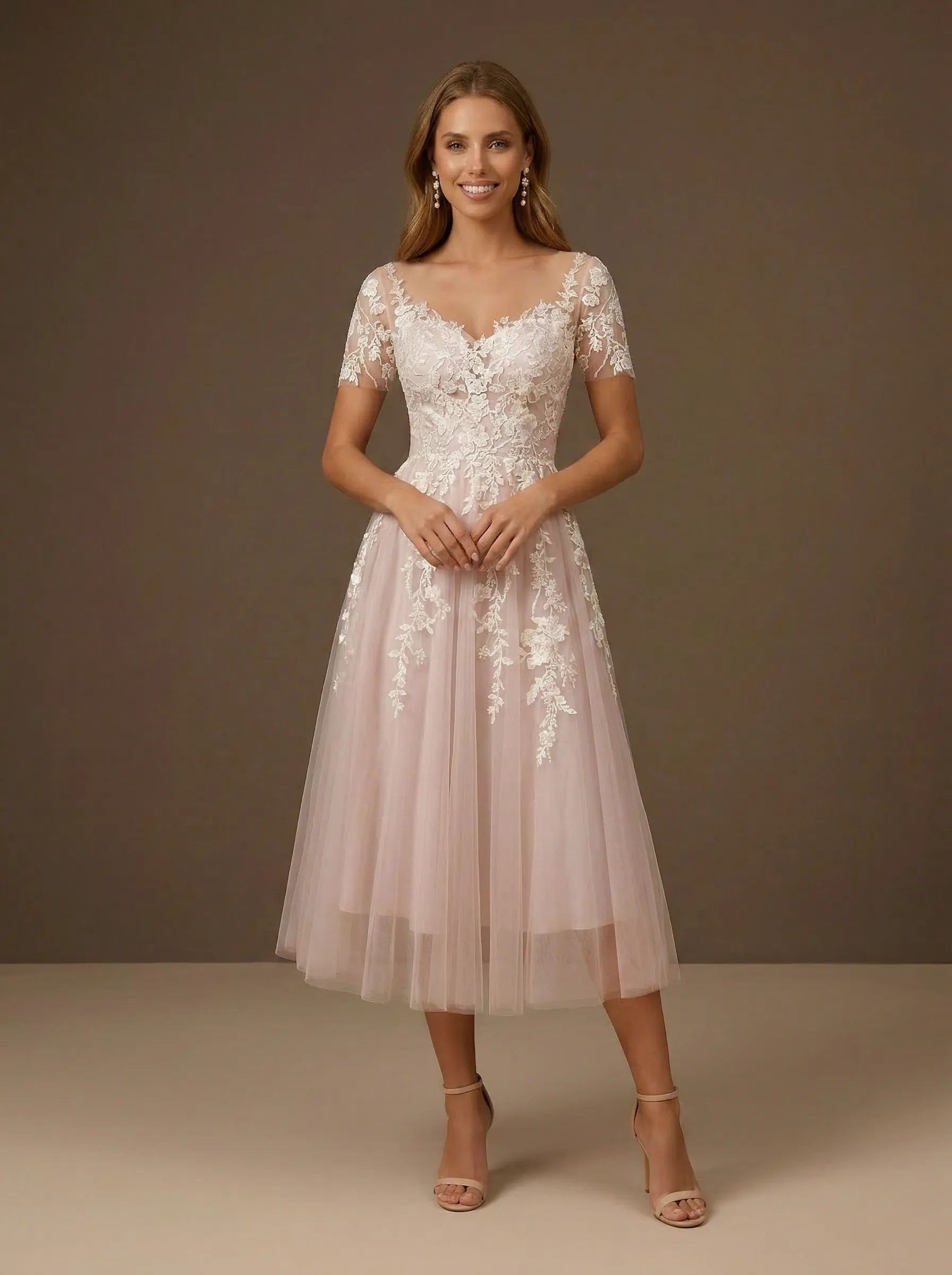 Short Sleeve Floral Lace Tulle Tea-Length Midi Wedding Dress