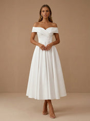 Off the Shoulder Ruched Pleat Satin Midi Wedding Dress with Bow