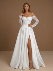 Off the Shoulder Lace Long Sleeve Corset Bodice Wedding Gown with Slit