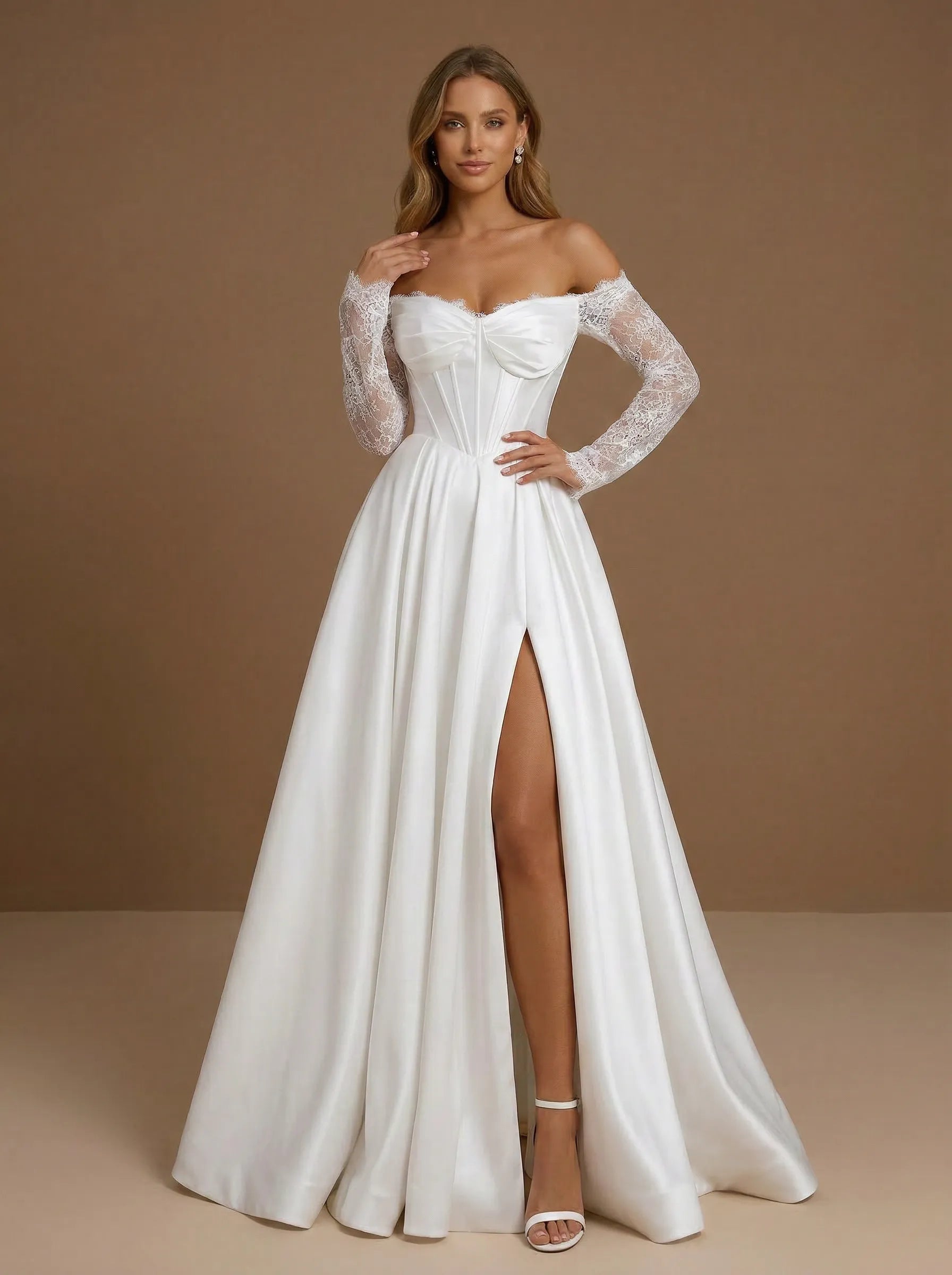 Off the Shoulder Lace Long Sleeve Corset Bodice Wedding Gown with Slit