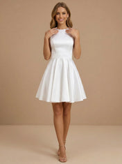 White Scoop Neck Sleeveless Satin Mini Bridal Dress