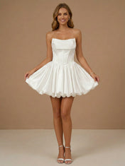 White Strapless Satin Puff A Line Mini Bridal Dress with Corset