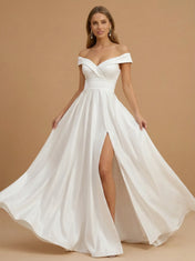 Off the Shoulder Ruched Satin Floor-Length Wedding Gown with Slit
