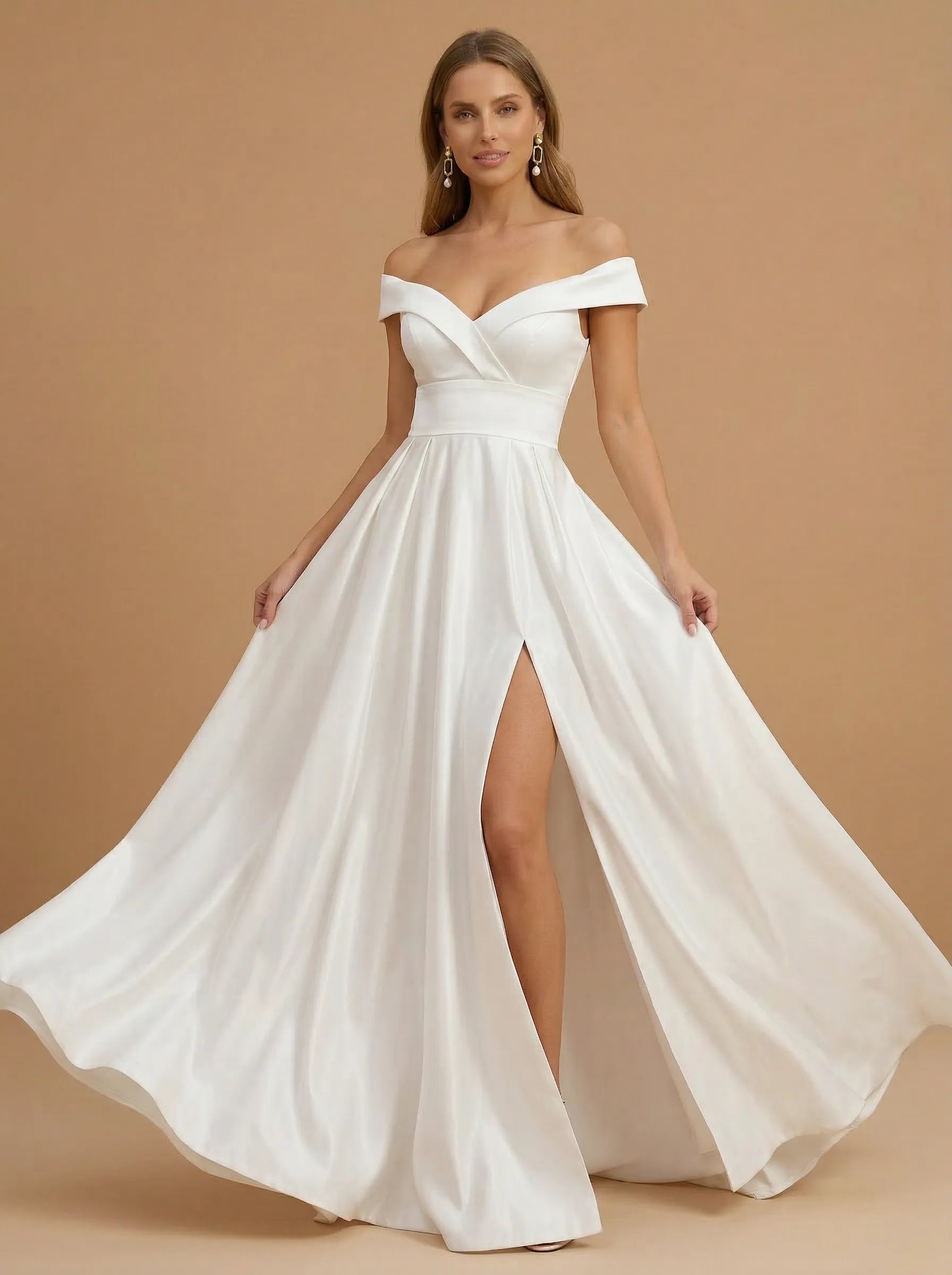 Off the Shoulder Ruched Satin Floor-Length Wedding Gown with Slit