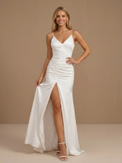 V-Neck Spaghetti Strap Ruched Satin Bridal Gown with High Slit