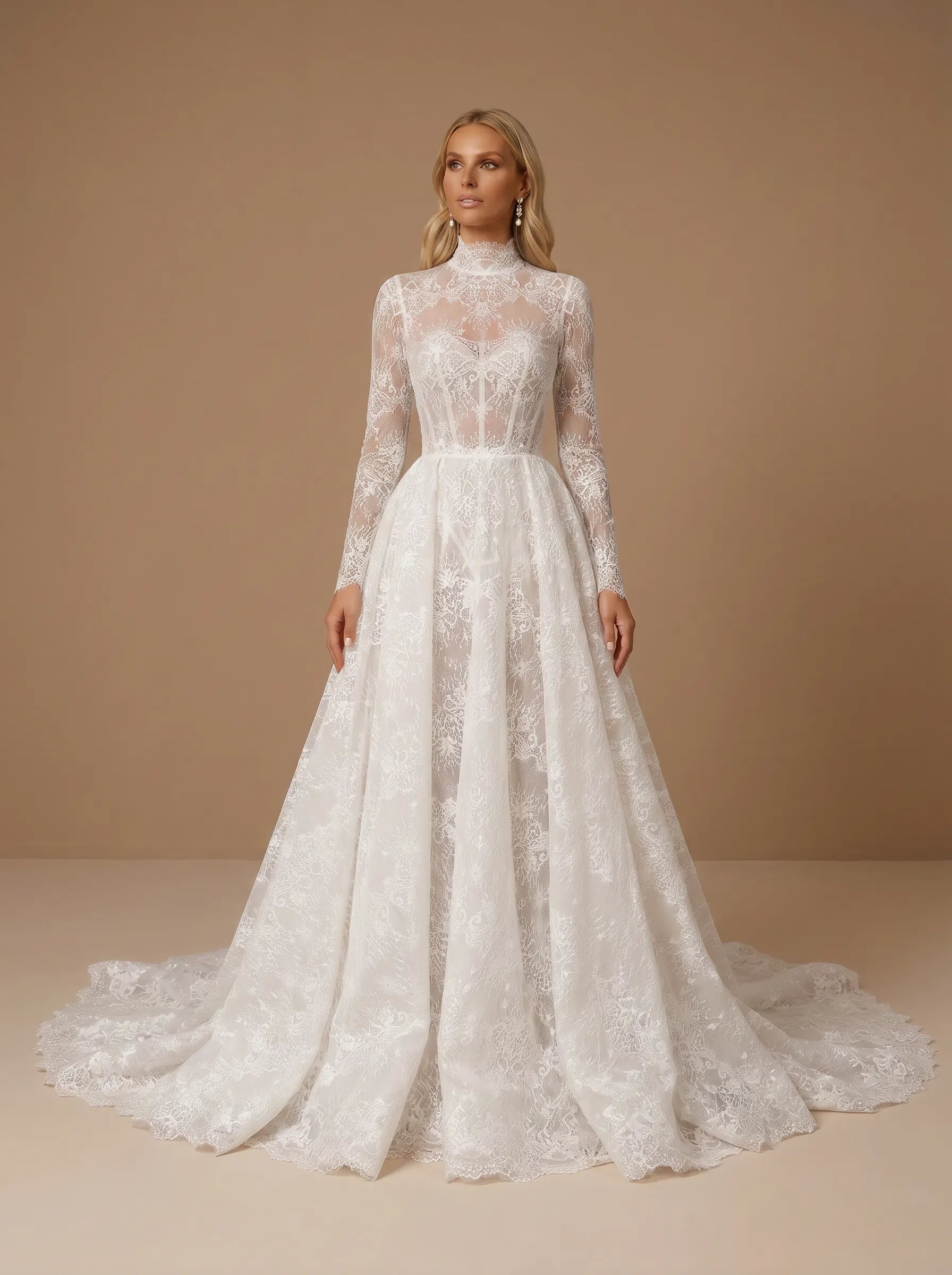 White High Neck A Line Lace Applique Wedding Dress with Train